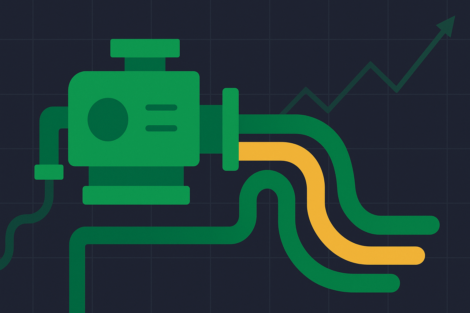 Minimalist illustration of cash flow pipes and earnings engine in WSY green palette