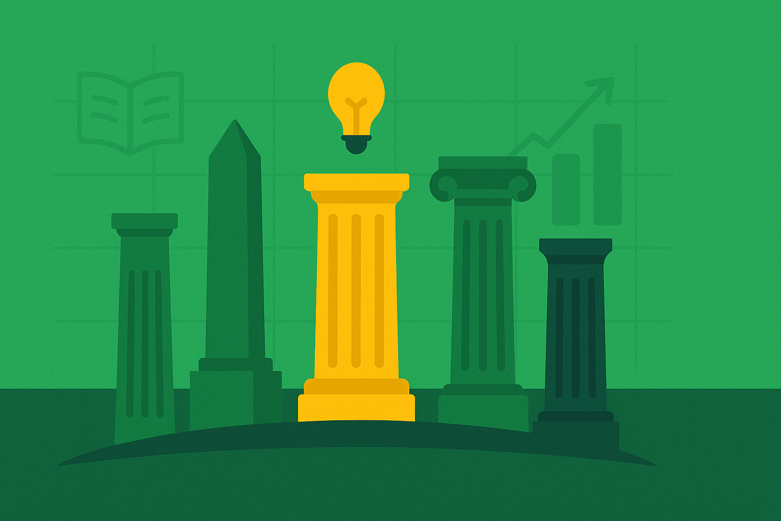 Minimalist illustration showing five connected pillars or monuments representing the foundational principles from legendary value investors