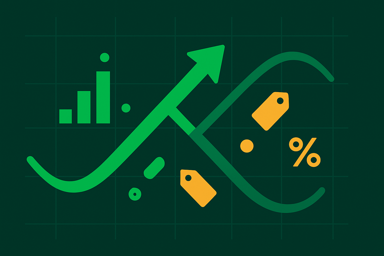 Minimalist illustration showing growth trajectory and value metrics converging in WSY green and gold palette