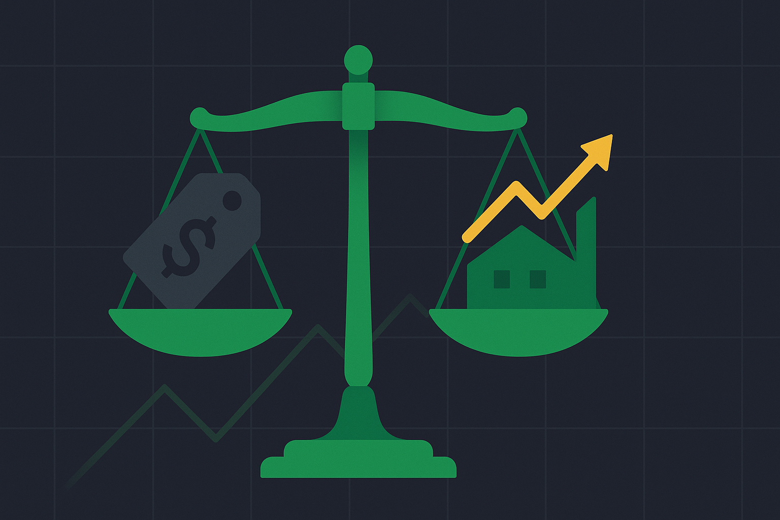 Minimalist illustration of a scale balancing price and true business value in WSY green and gold palette