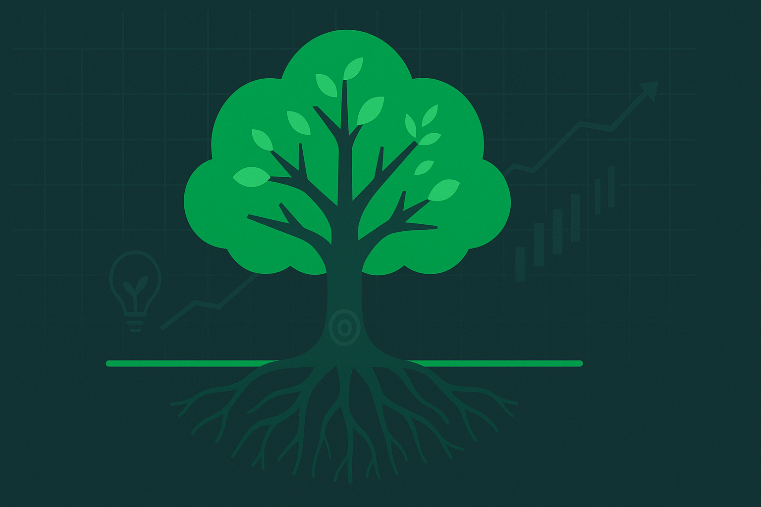 Minimalist illustration of a growing tree with deep roots and expanding branches, representing the patient accumulation of wealth through value investing