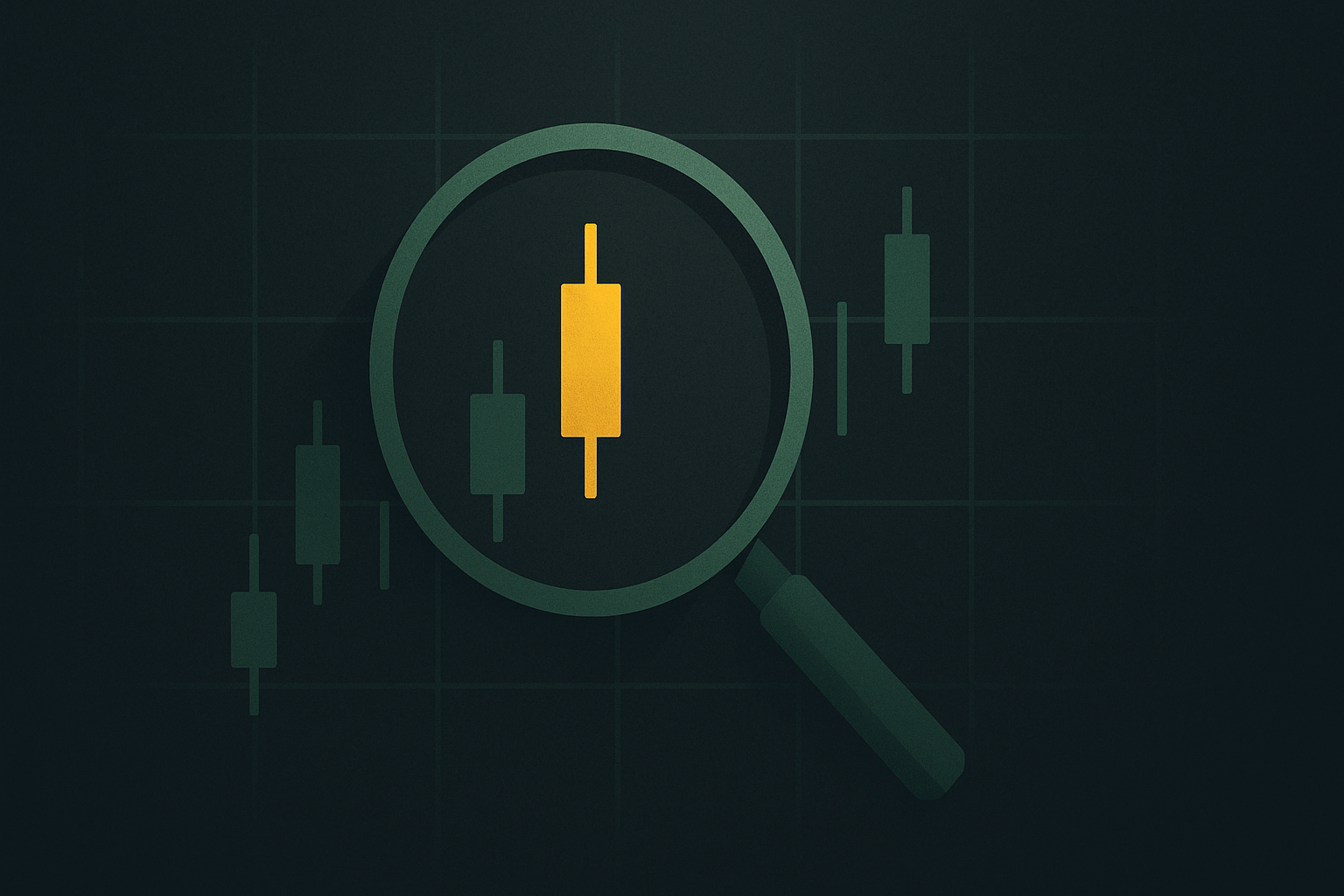 Minimal WSY illustration of magnifying glass highlighting undervalued candlestick on stock chart, symbolizing value investing analysis.