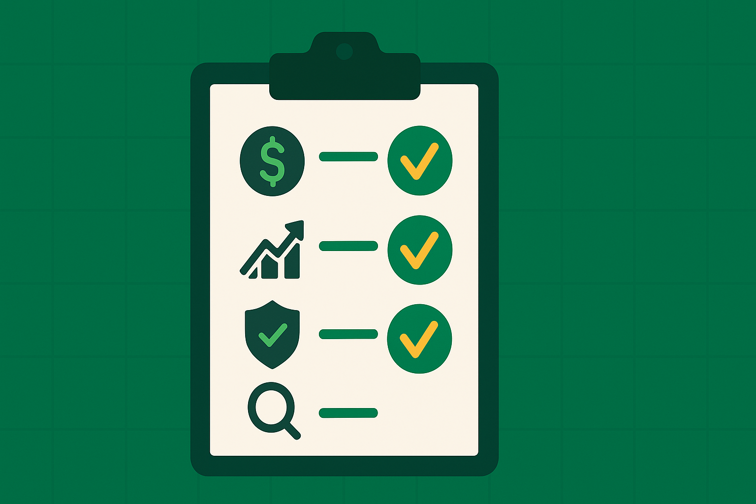 Minimalist illustration showing a checklist with checkmarks next to financial symbols, representing a systematic approach to evaluating value stocks