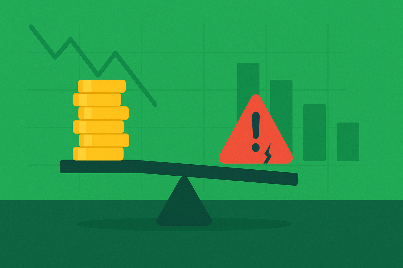 Minimalist illustration showing a balance scale tipped with warning signs, representing the false allure of cheap stocks that are actually value traps