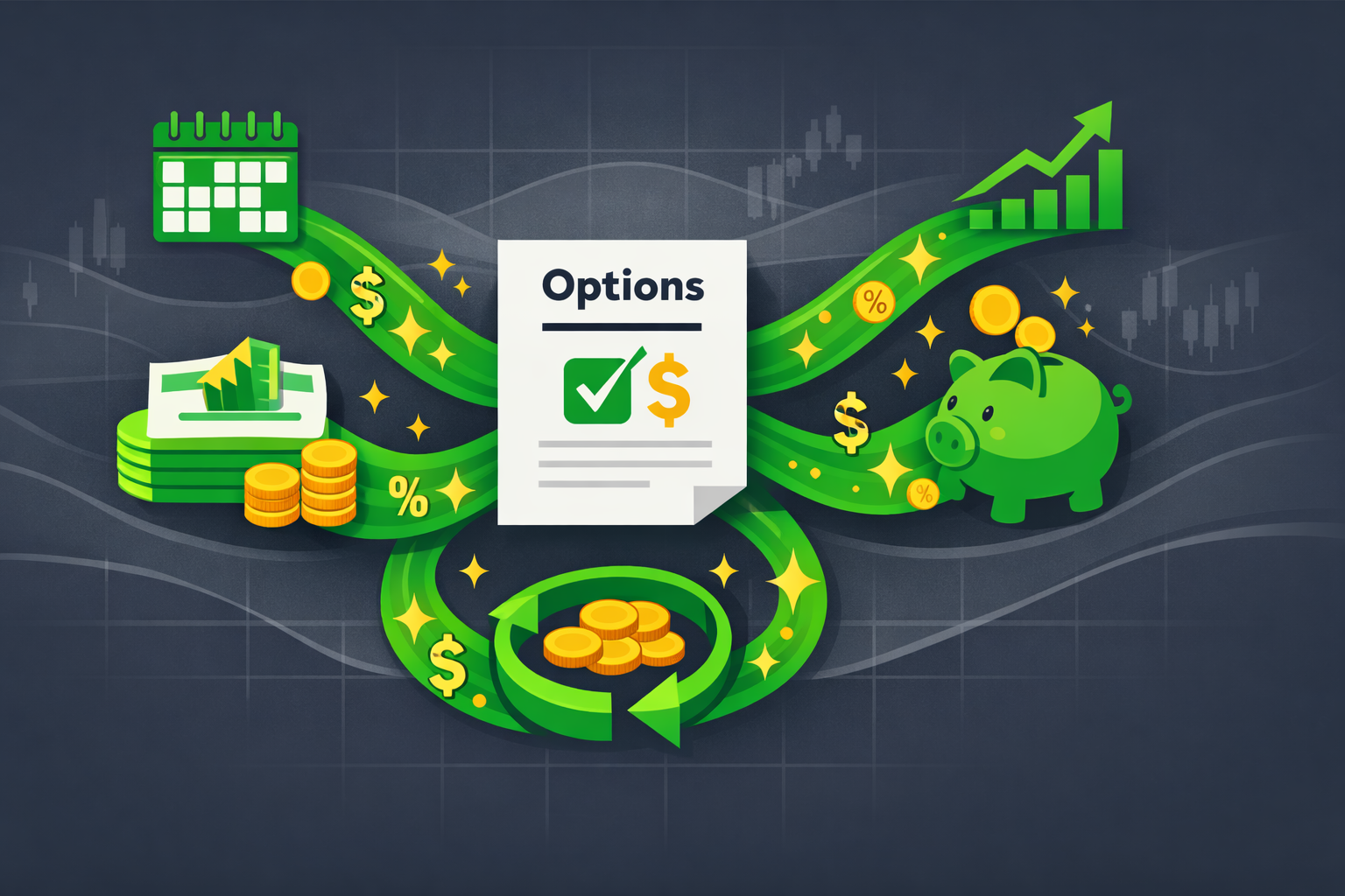 Minimalist illustration of option contracts generating flowing streams of cash into a value investor's portfolio