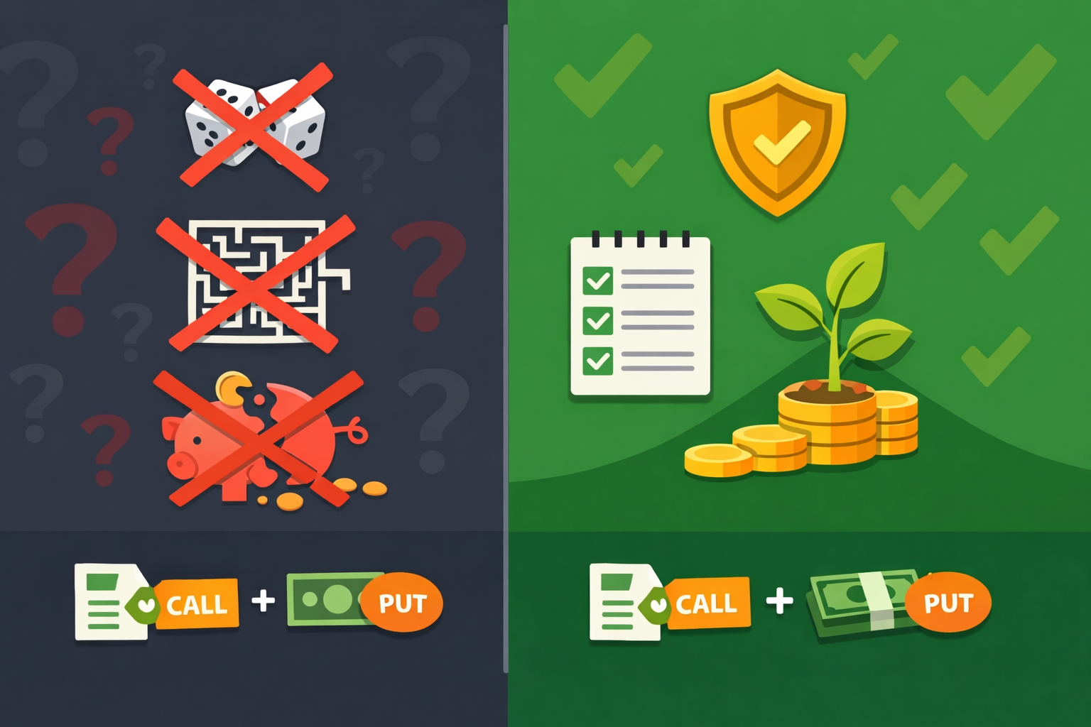 Minimalist illustration showing myths vs reality about options for value investors in WSY green palette