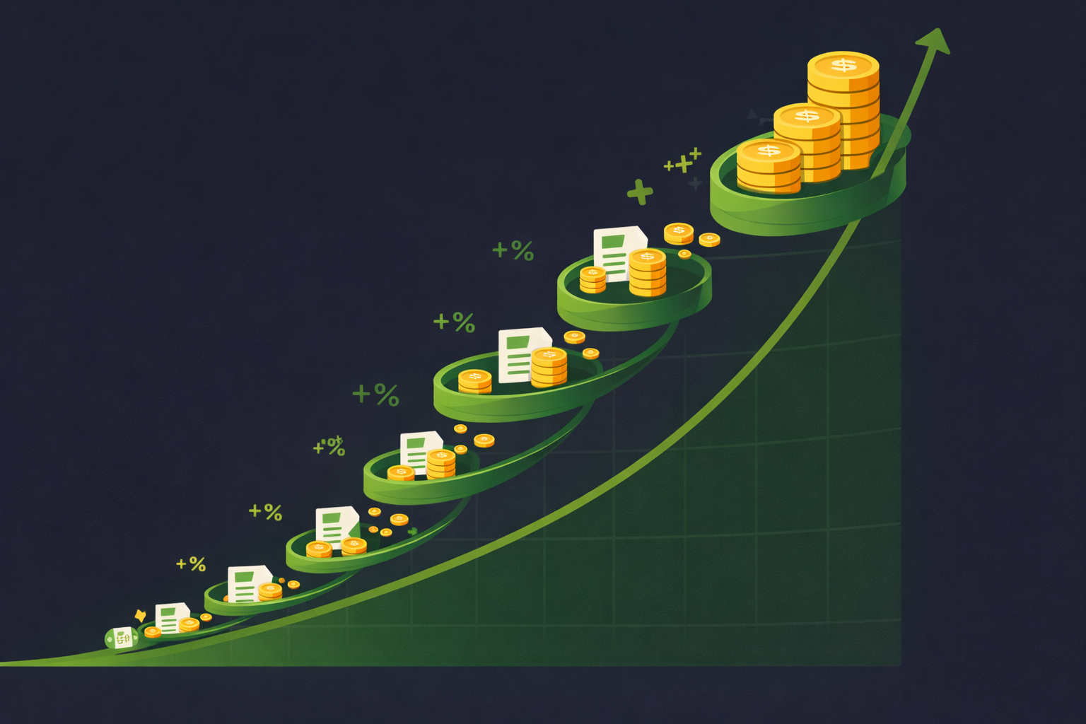 Minimalist illustration showing compounding effects with reinvested premiums in WSY green palette