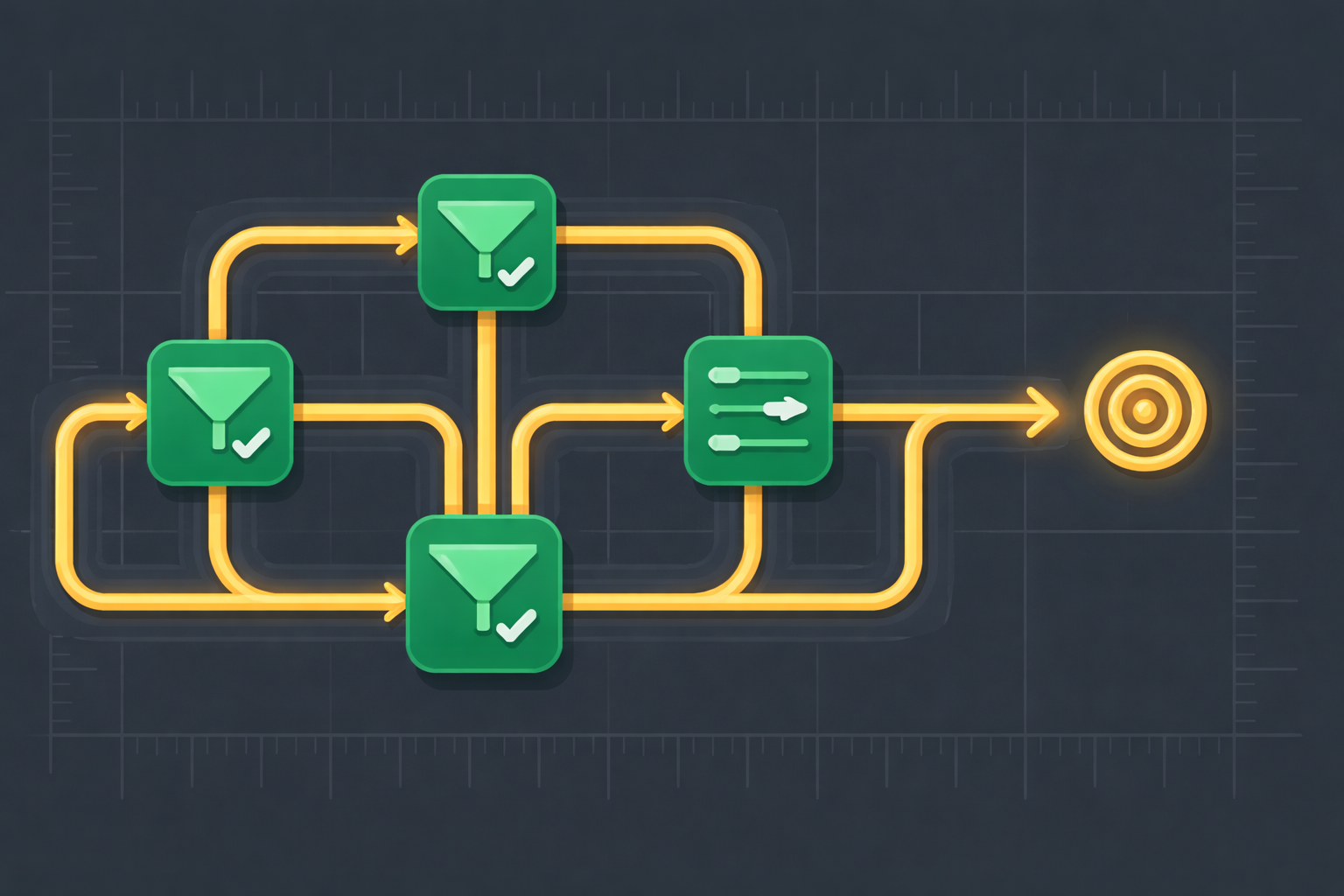 Minimalist illustration of structured framework with decision gates in WSY green palette