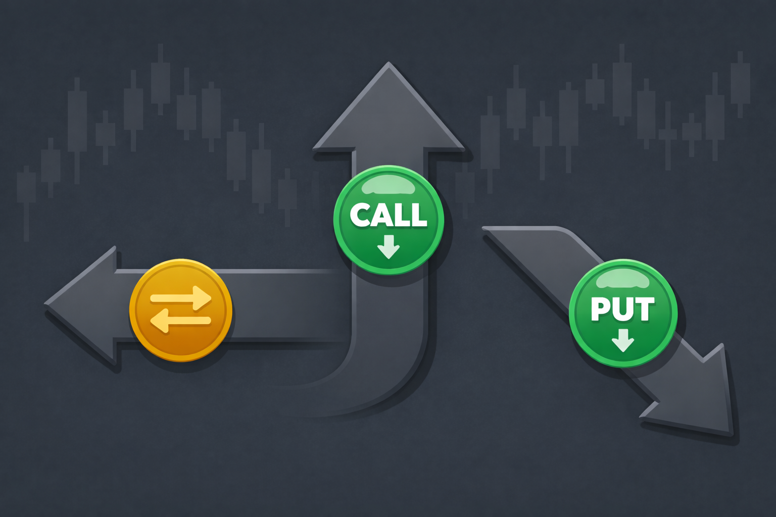 Minimalist illustration showing three market directions with adaptive option strategies in WSY green palette
