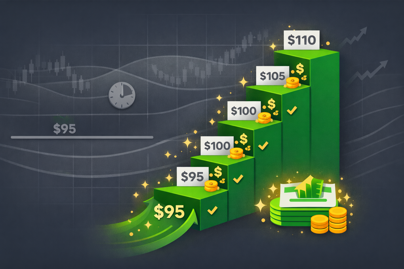 Minimalist illustration showing option premiums creating a downward ladder of better entry prices for value stocks