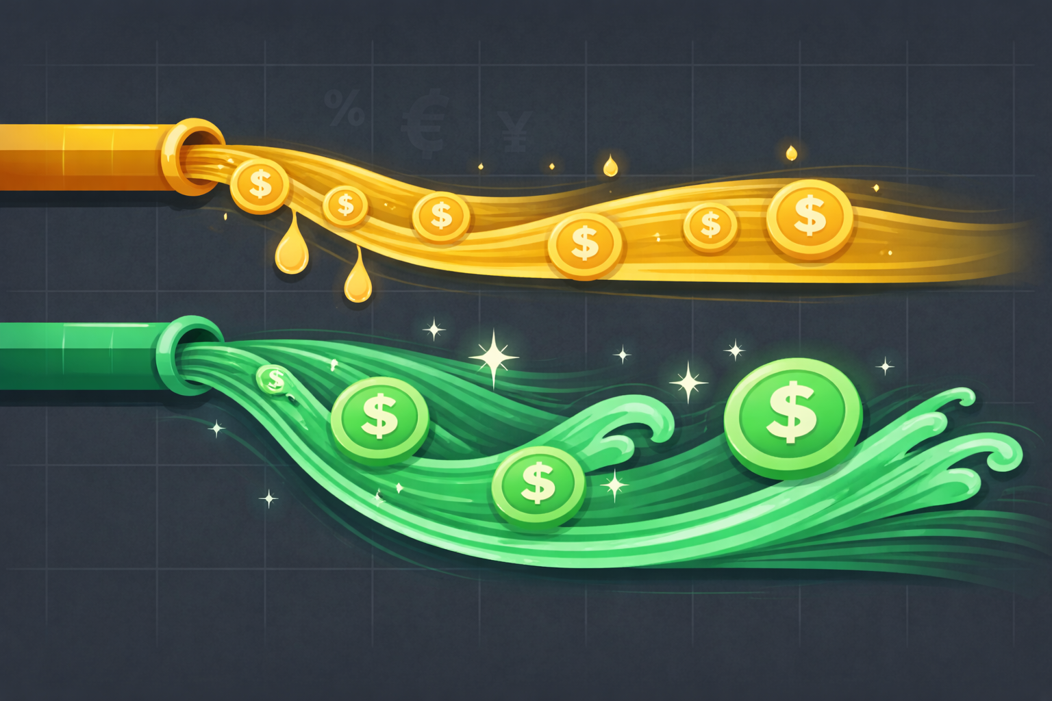 Minimalist comparison of two income streams with option premiums flowing higher than dividend payments in WSY green palette