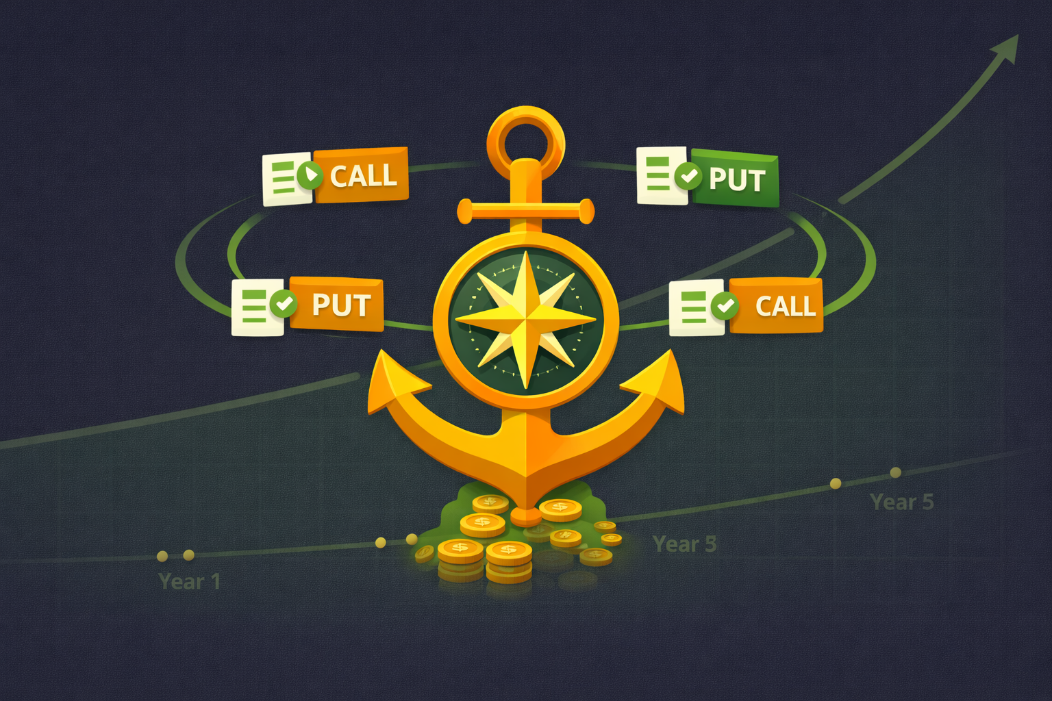 Minimalist illustration showing long-term investing alignment with options in WSY green palette