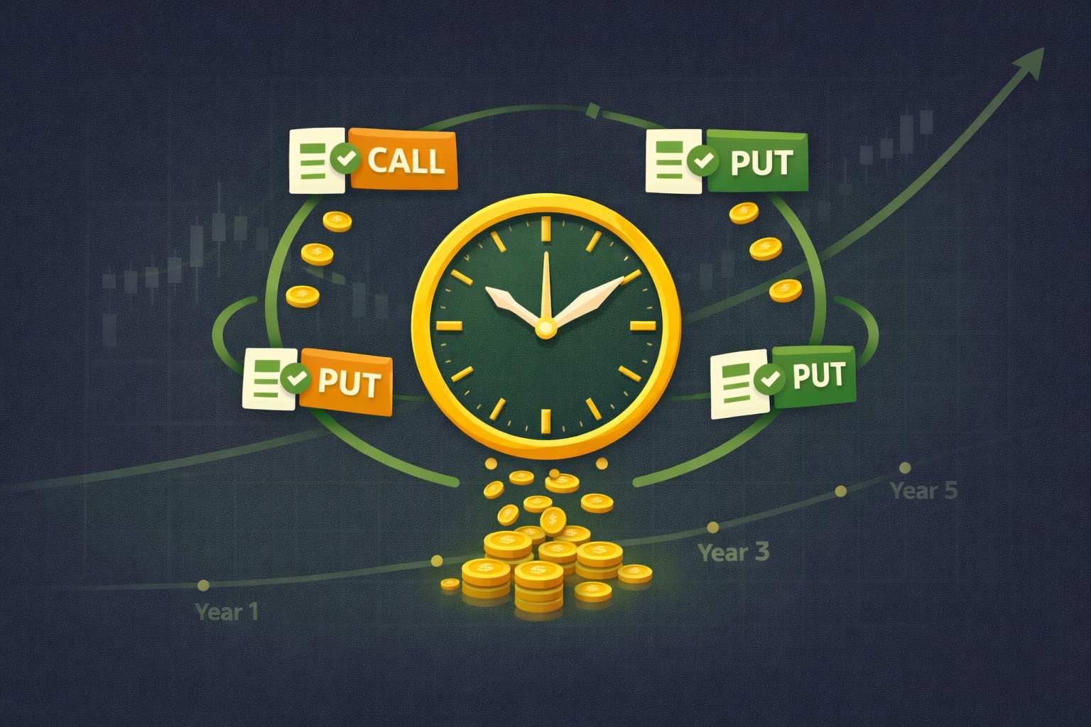 Minimalist illustration showing time working in your favor with options and value investing in WSY green palette