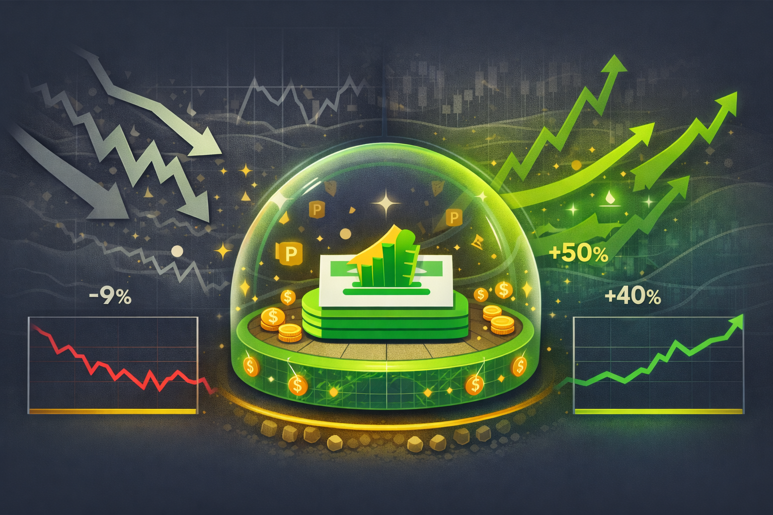 Minimalist illustration of options creating protective barriers that limit downside while preserving upside potential