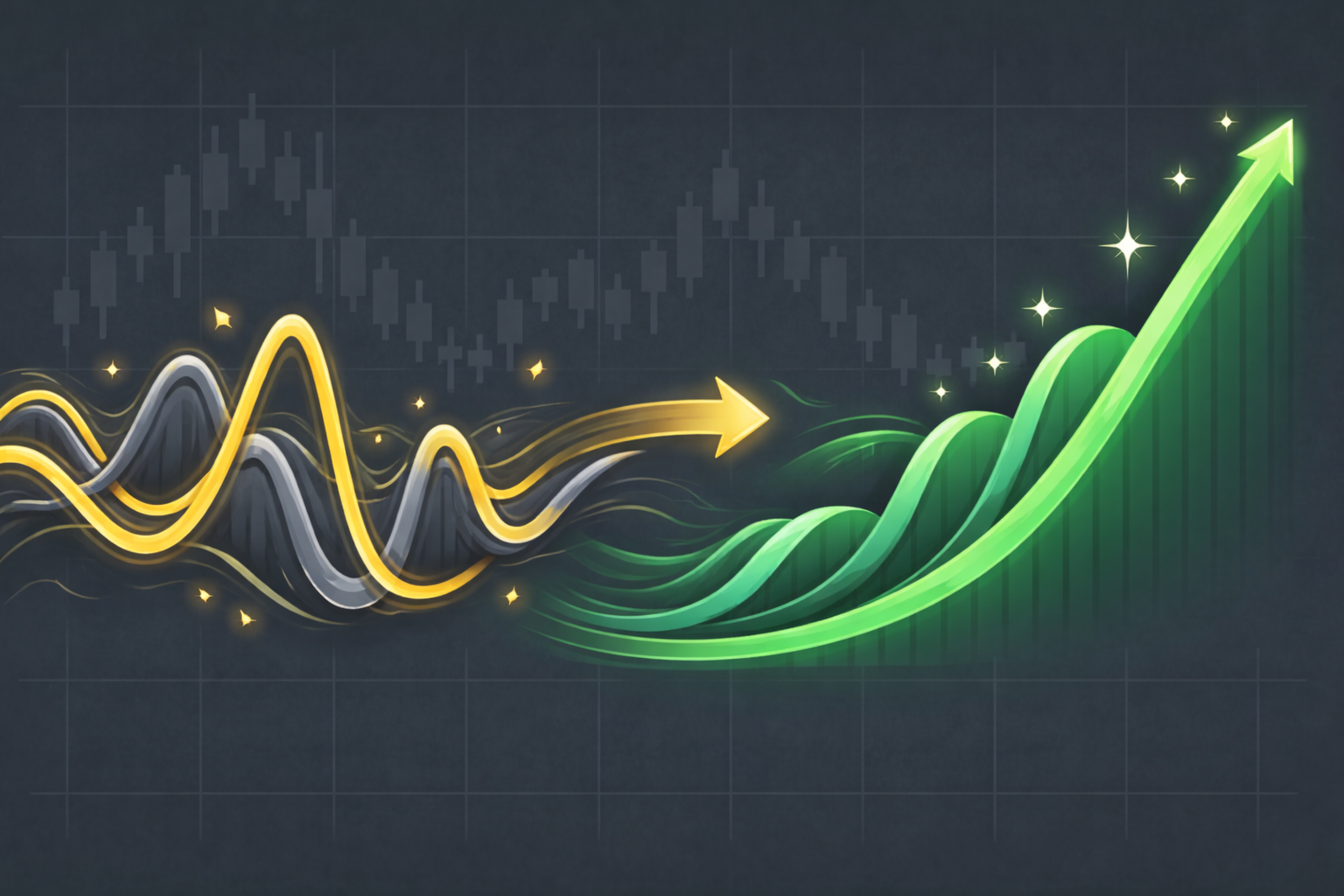 Minimalist illustration of waves transforming into growth curves using WSY green and gold palette