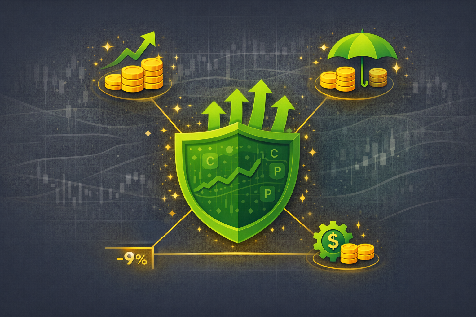 Minimalist illustration showing a shield protecting value stocks with option contracts creating income streams, representing enhanced value investing