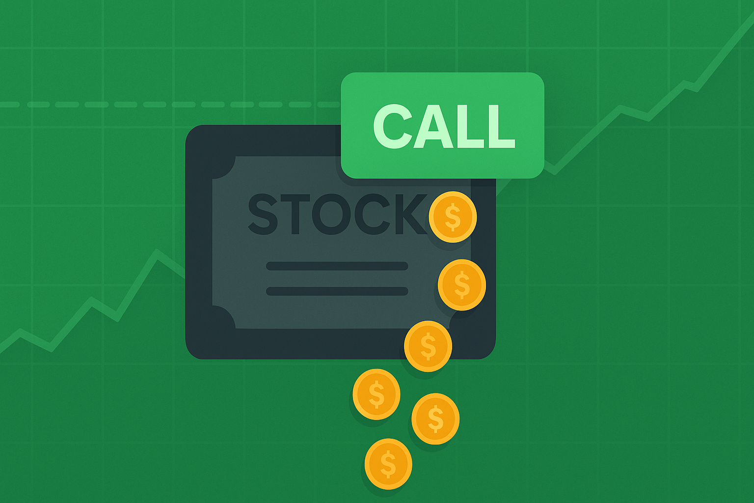 Minimalist illustration of a stock certificate with call option overlay and income streams in WSY green and gold palette