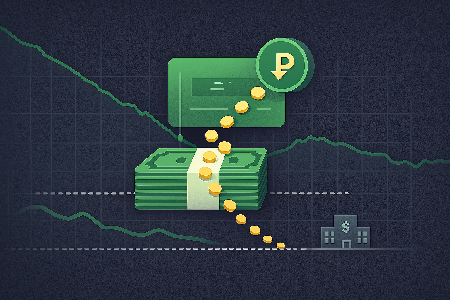 Minimalist illustration of cash reserves with a put option contract and income flowing in WSY green and gold palette