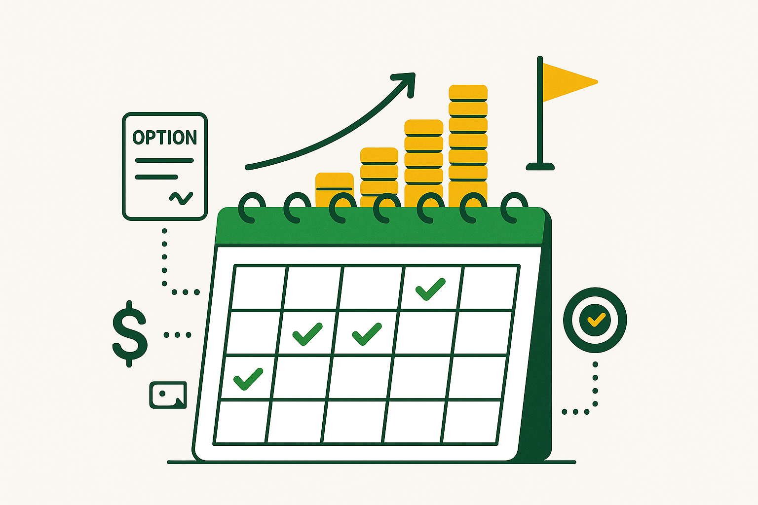 Minimalist illustration showing a structured income flow plan with calendar and financial icons in WSY green and gold palette