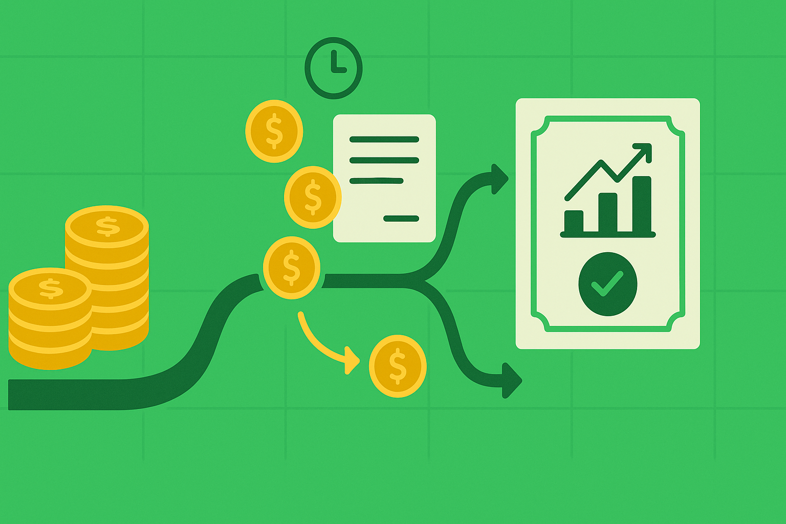 Minimalist illustration showing cash reserves generating premium income while waiting to purchase stocks in WSY green and gold palette