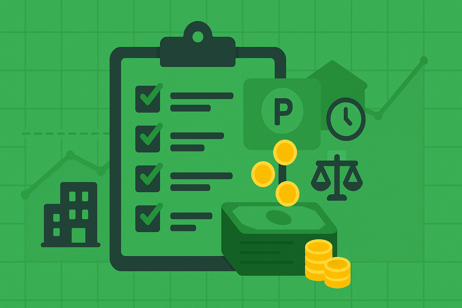 Minimalist illustration of a checklist with income strategy checkboxes in WSY green and gold palette