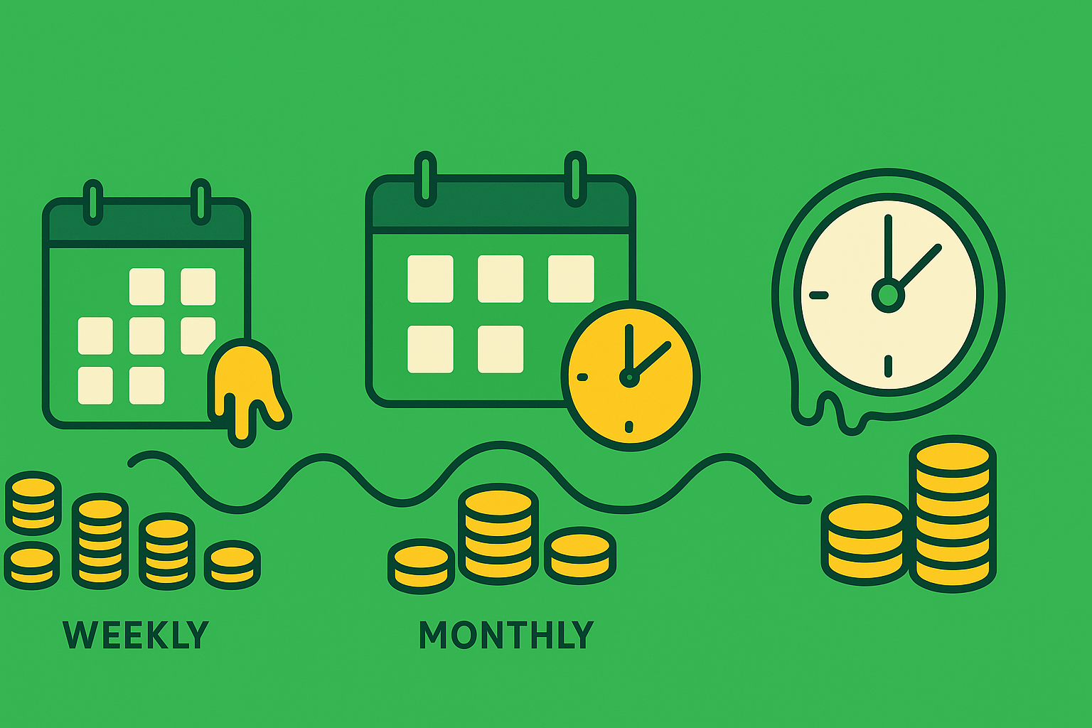 Minimalist illustration showing calendar cycles for options expiration with weekly, monthly, and longer-term time frames in WSY green and gold palette
