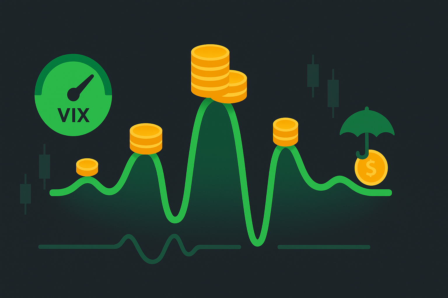 Minimalist illustration showing elevated volatility creating higher option premiums with upward-spiking waves and gold coins in WSY green palette