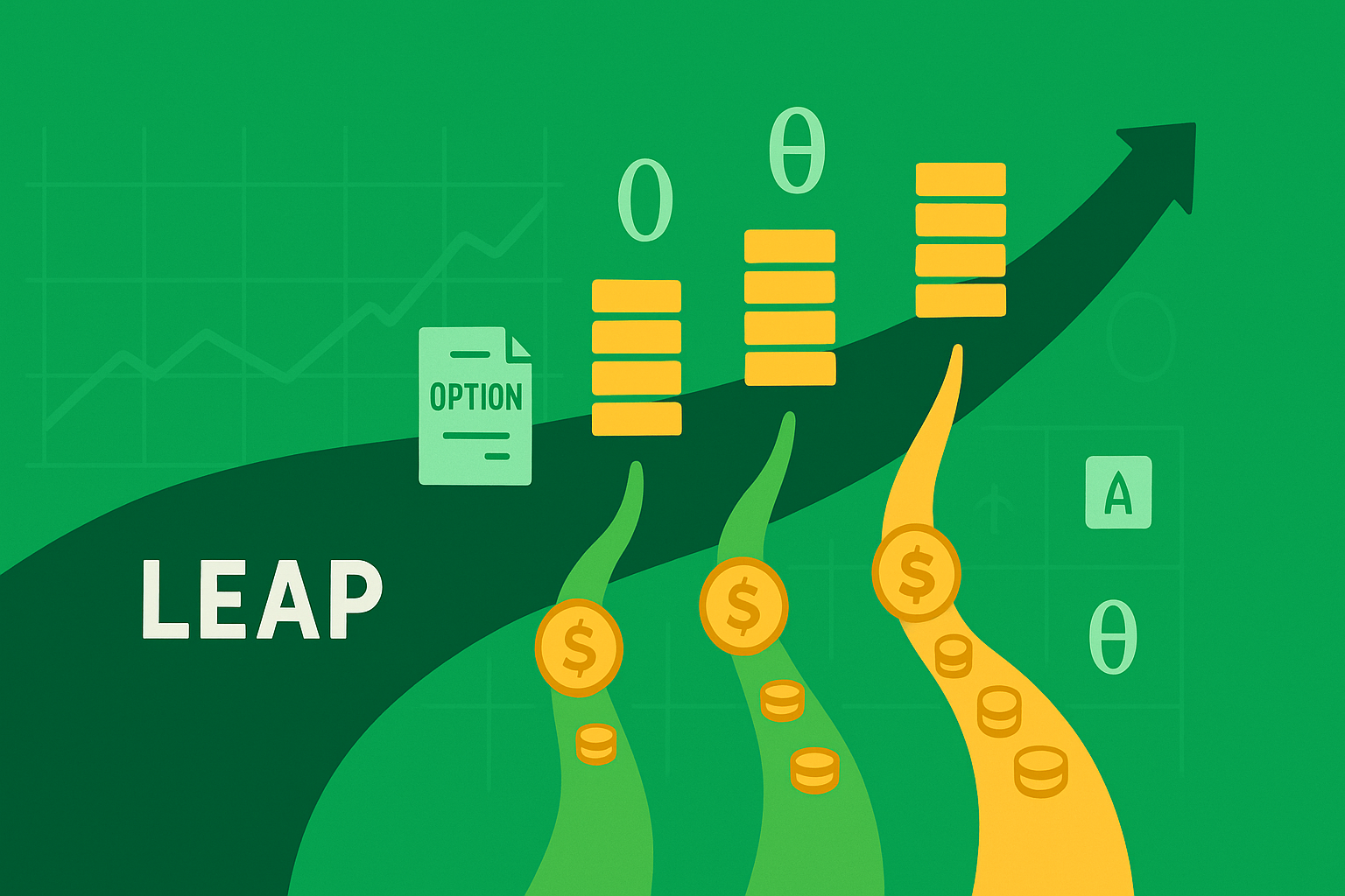 Minimalist illustration showing long-term option contracts generating income over extended timeframes in WSY green and gold palette