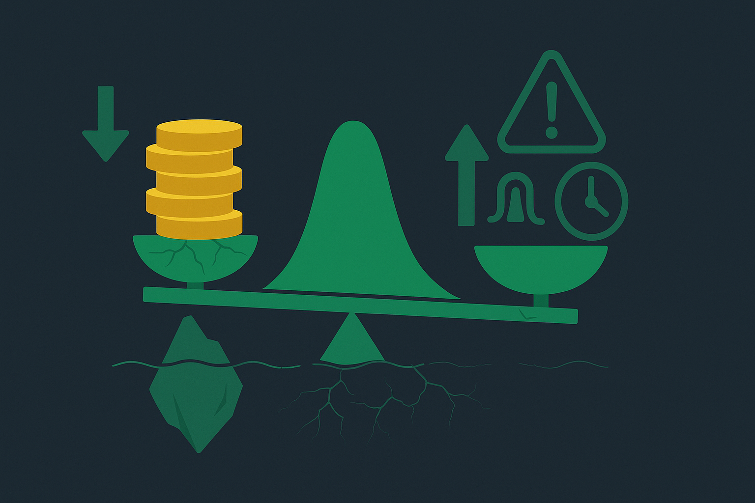 Minimalist illustration showing warning signs and balanced scales representing risks of options income strategies in WSY green and gold palette