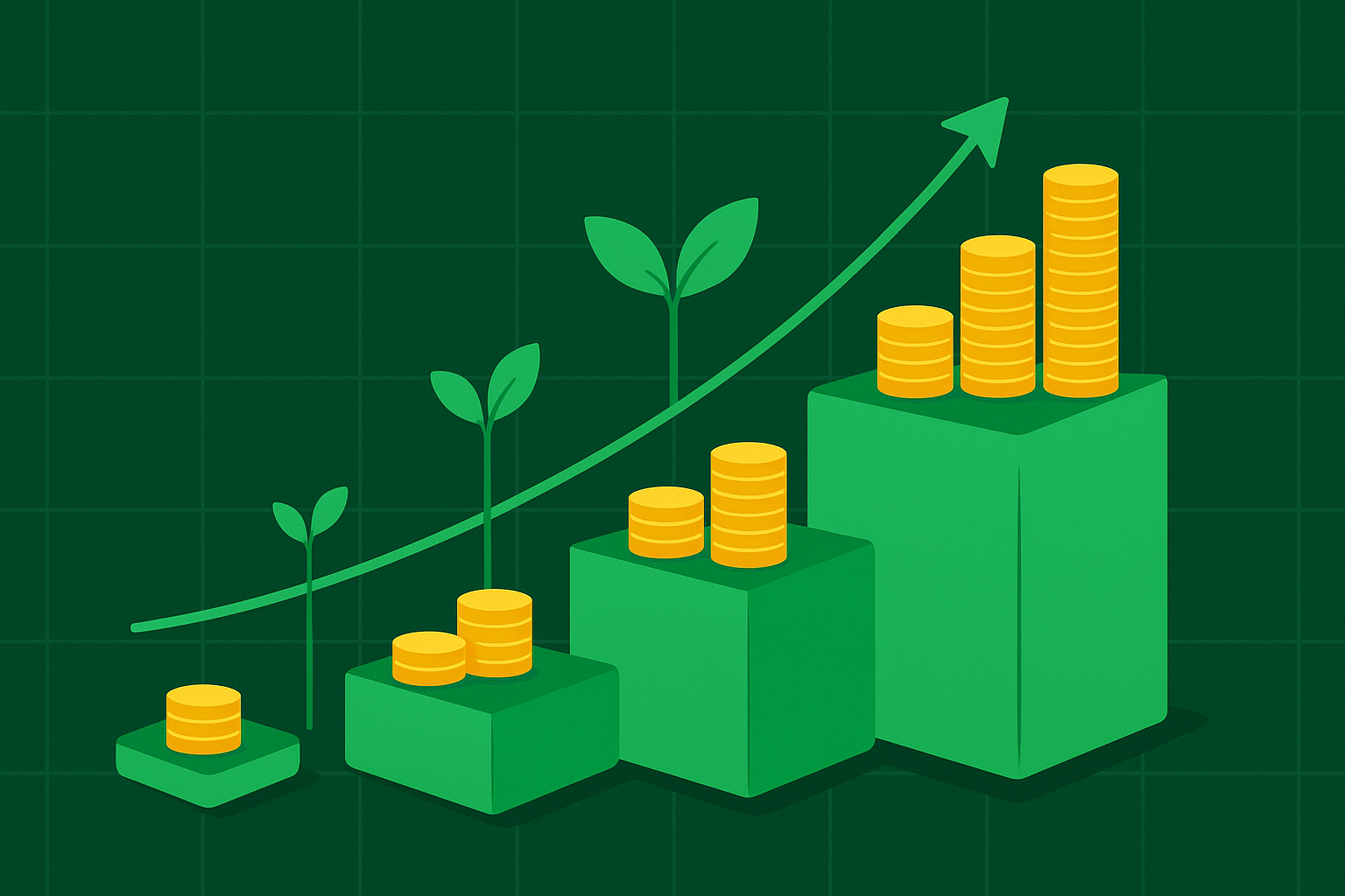 Minimalist illustration showing gradual income growth with staircase and upward arrow in WSY green and gold palette