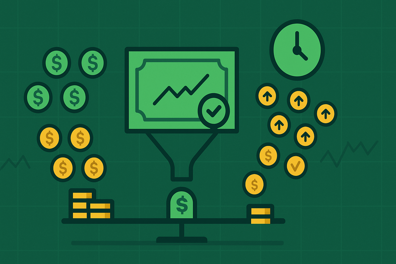 Minimalist illustration showing strike price selection balancing income yield and assignment probability in WSY green and gold palette