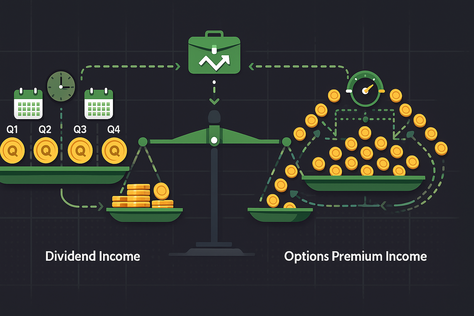 Minimalist illustration showing cash flow streams generated from stock holdings in WSY green and gold palette