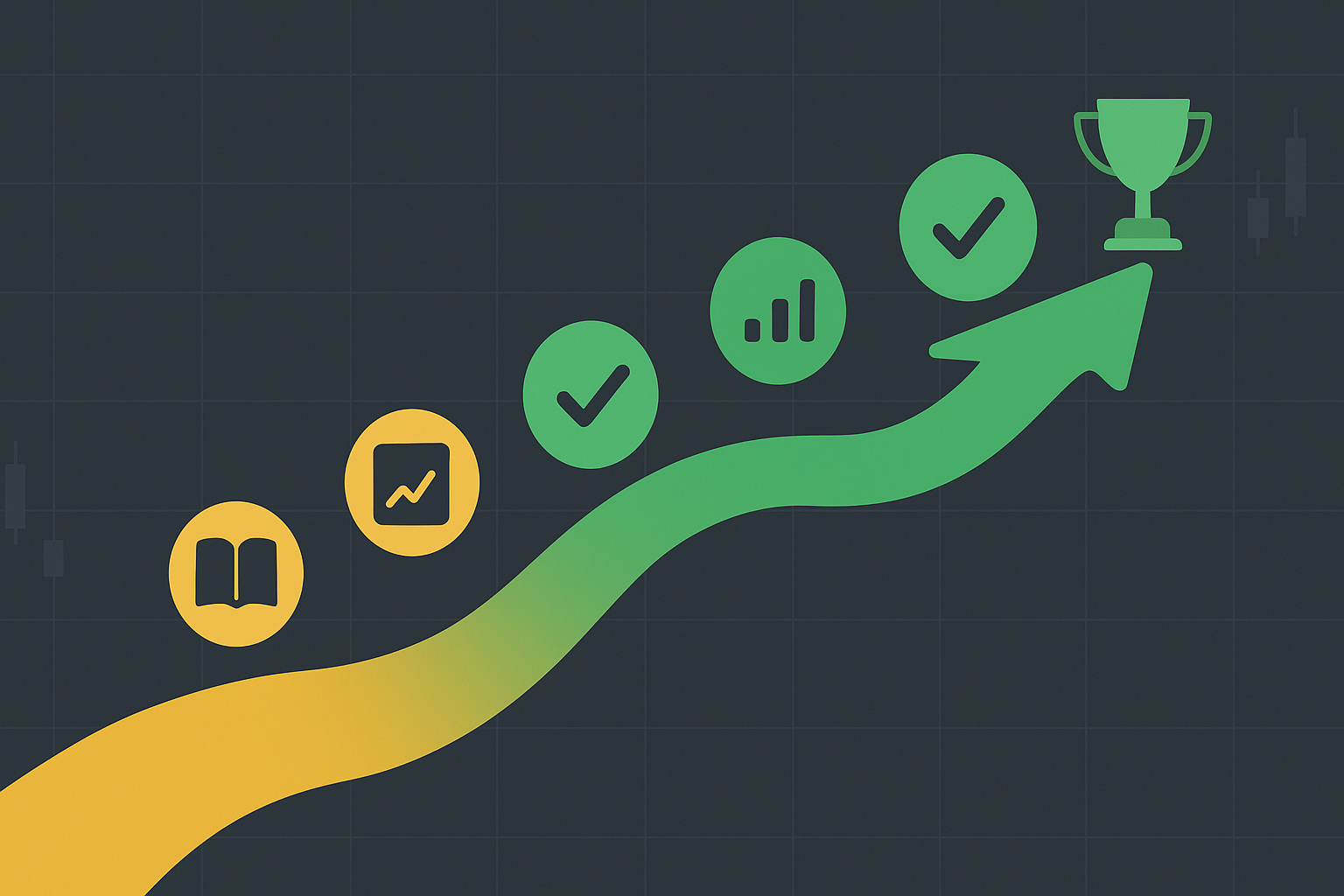 Minimalist illustration of a winding path with milestone markers showing the journey from beginner to confident value investor using options