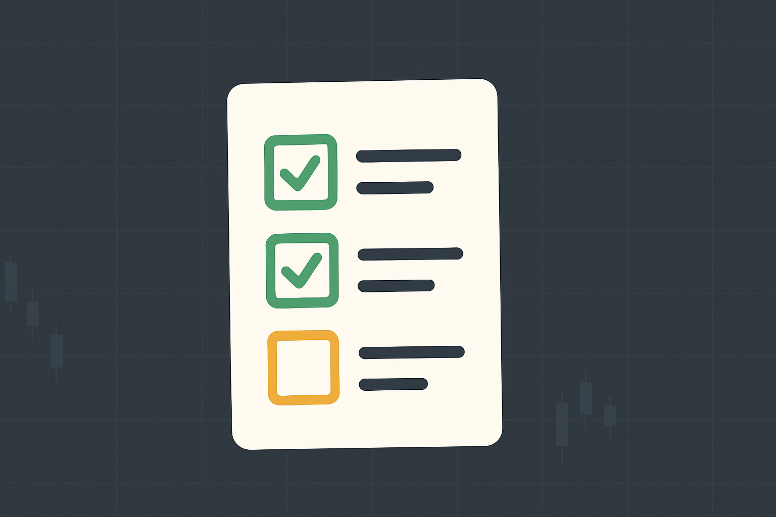 Minimalist checklist illustration with financial symbols showing the essential steps before placing your first value investing options trade