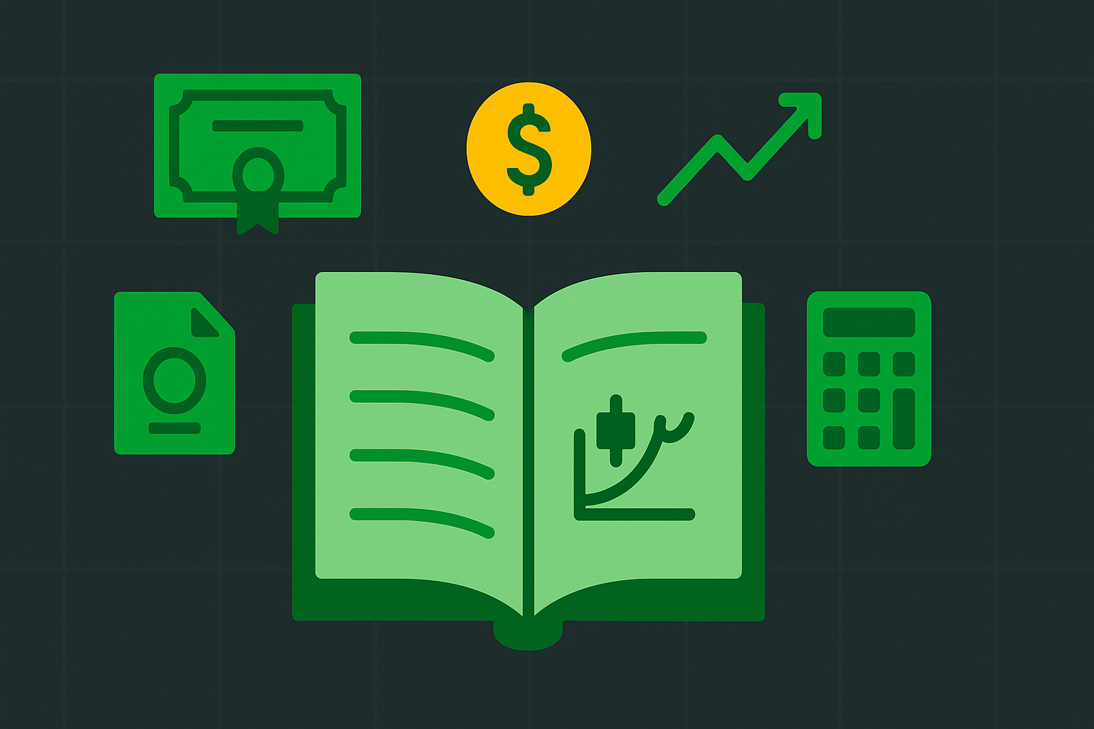 Minimalist illustration of a dictionary or glossary with financial icons representing key investing terms