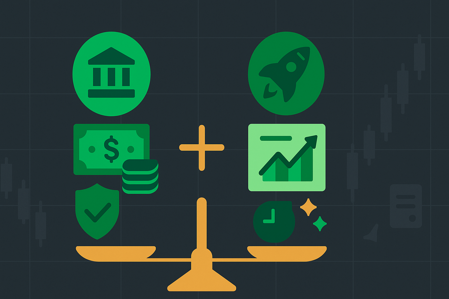 Minimalist illustration showing value investing fundamentals merging with options contracts in WSY green palette
