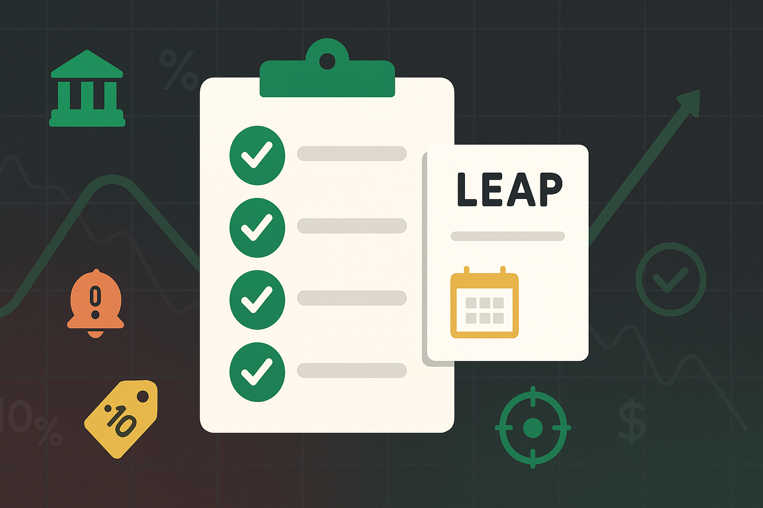 Minimalist illustration of a checklist with checkmarks next to a LEAPS contract in WSY green palette