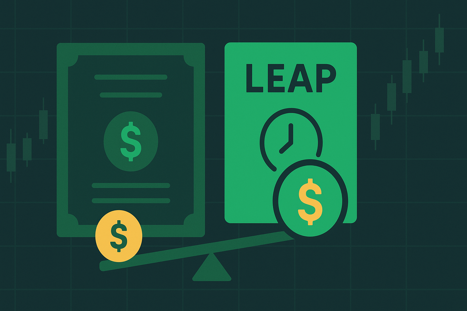 Minimalist illustration showing LEAP contract as stock replacement with cost efficiency in WSY green palette