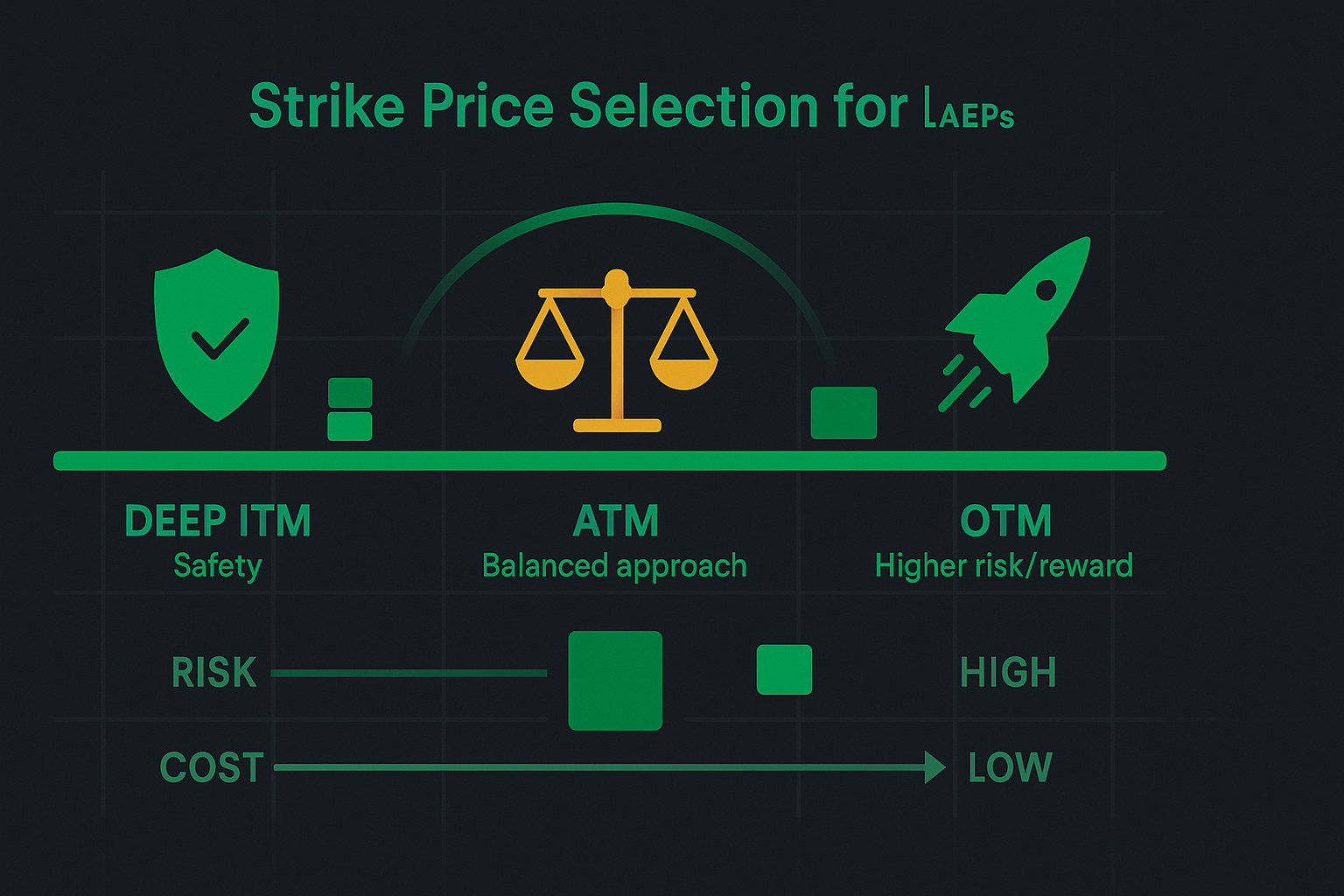 Minimalist illustration comparing ITM and OTM strike selection strategies for LEAPS in WSY green palette
