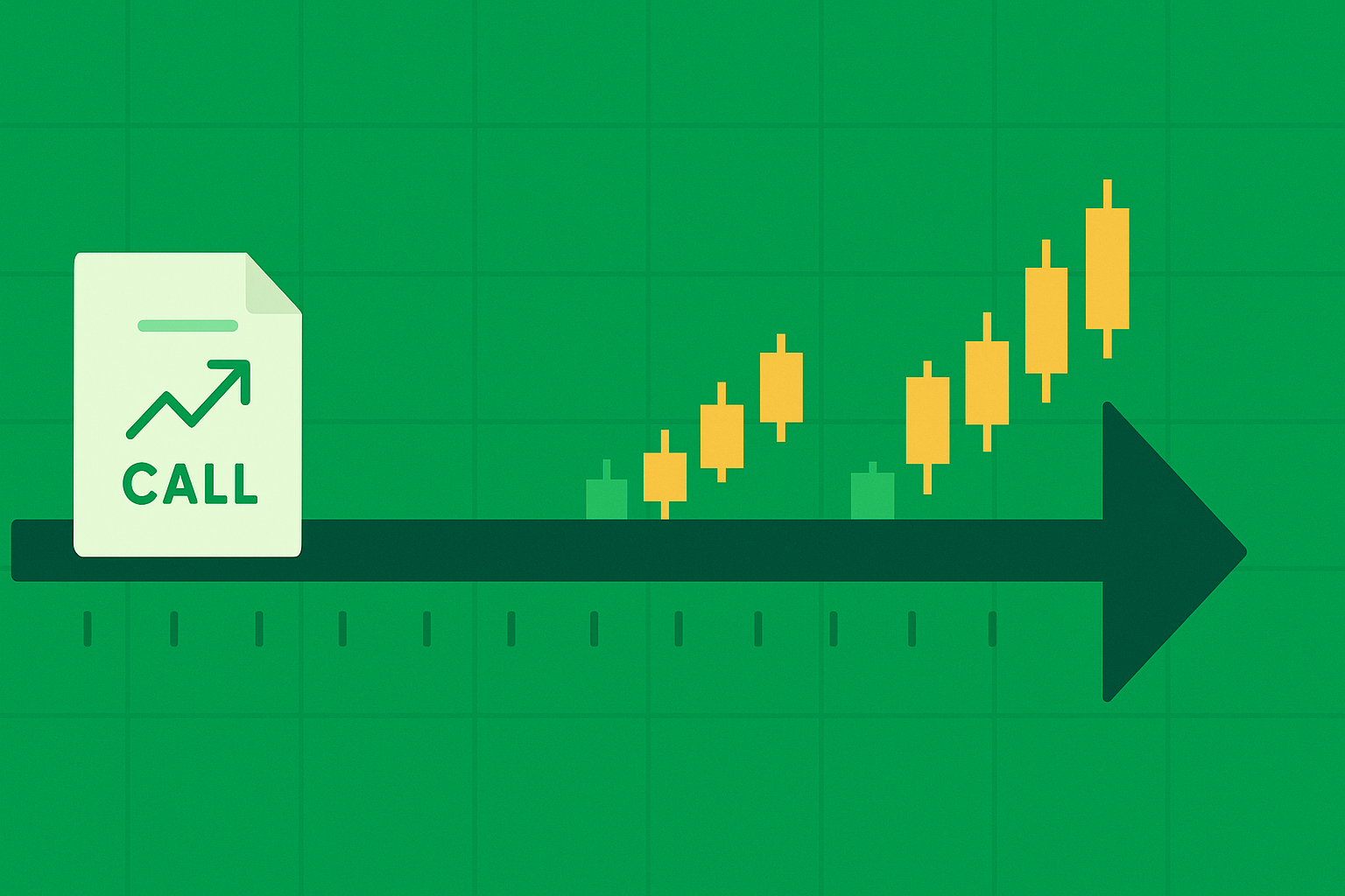Minimalist illustration showing a long timeline with option contracts stretching into the future in WSY green palette