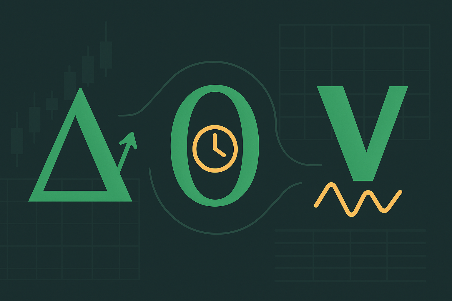 Minimalist illustration showing Greek letters delta, theta, and vega with financial charts and option symbols