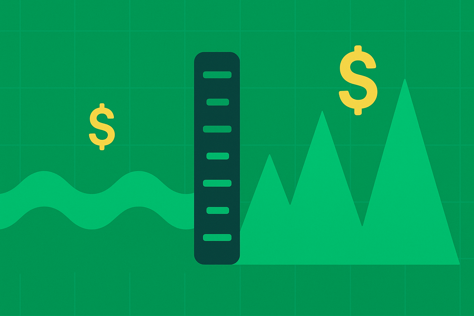 Minimalist illustration showing volatility waves with premium pricing overlay in WSY green palette