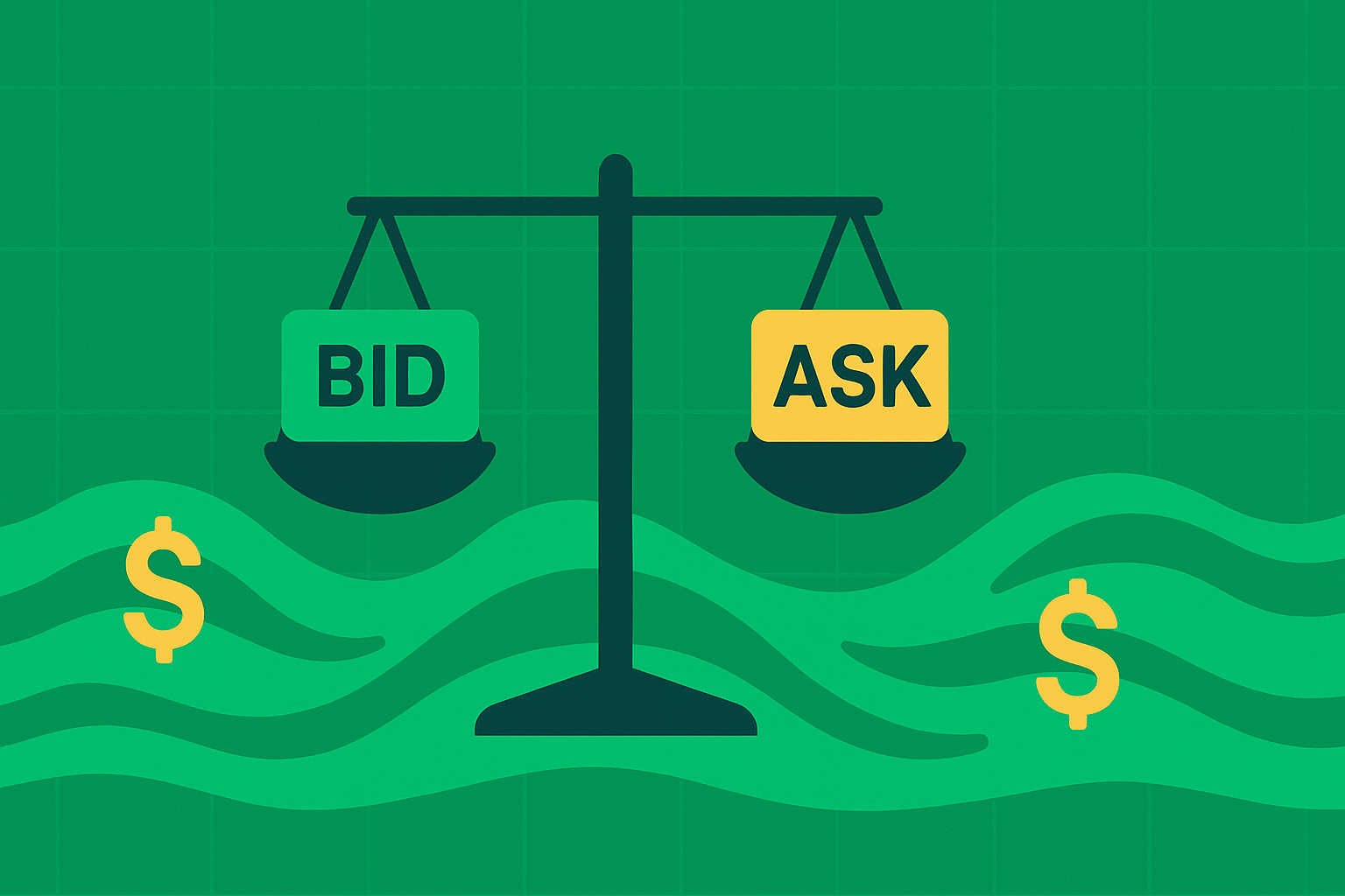 Minimalist illustration showing bid-ask spread concept with balanced scales and flowing liquidity in WSY green palette