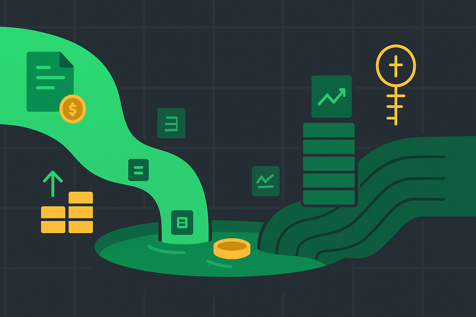 Flowing streams converging representing market liquidity and open interest in options trading with WSY green palette