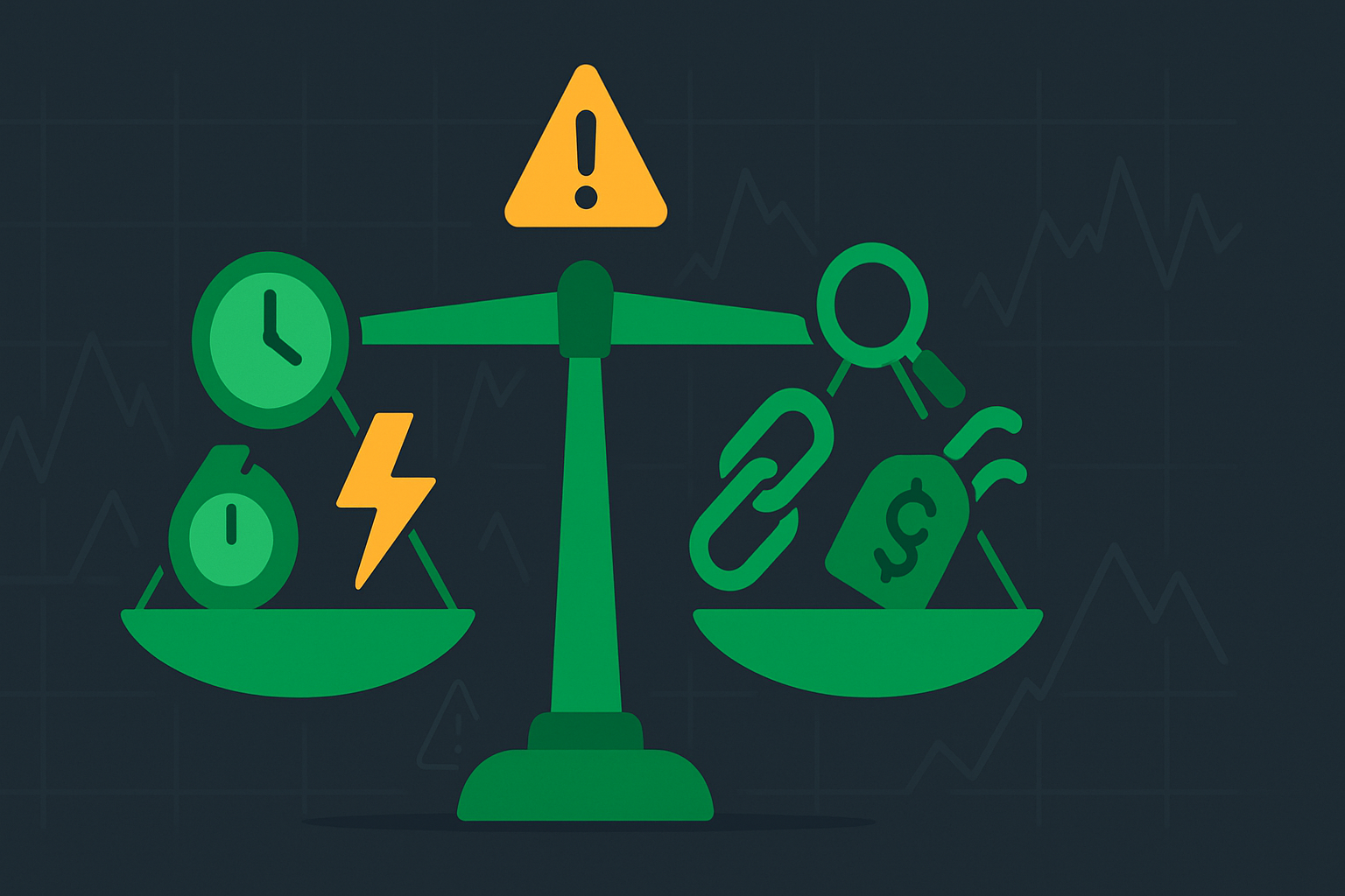 Minimalist illustration showing balance scales with risk factors, representing the comprehensive risks in options trading beyond premium loss
