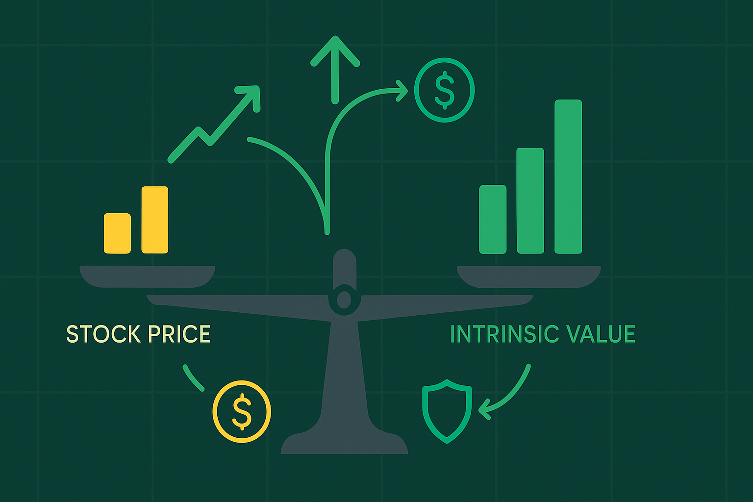 Minimalist illustration showing valuation analysis connected to options strategy in WSY green palette