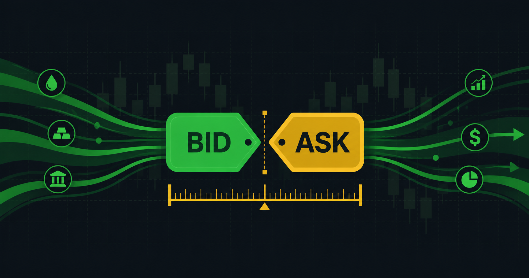 Minimalist illustration of balanced scales with bid and ask price tags, flowing green streams representing market liquidity on a dark background