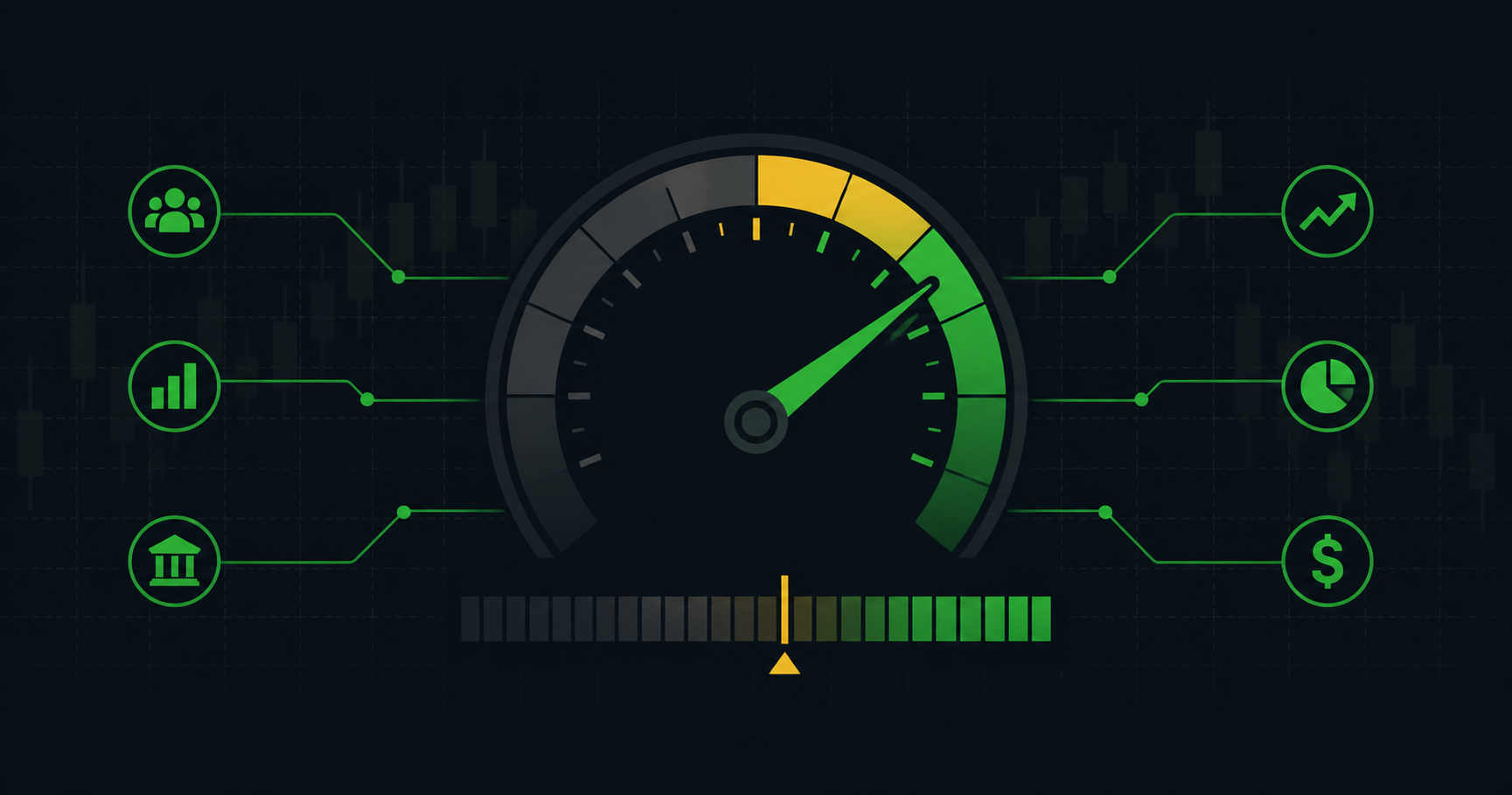 Minimalist flat illustration of a dial or gauge with a green zone indicating the minimum threshold, surrounded by financial chart lines, on a dark background