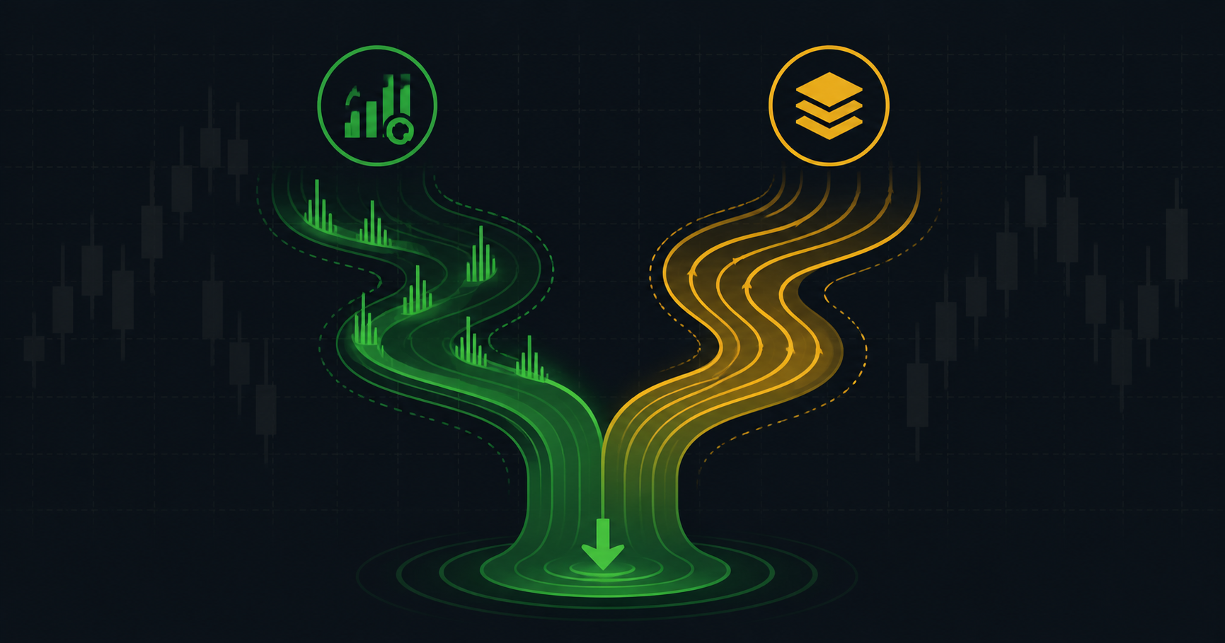 Minimalist illustration of two flowing streams merging into one, representing volume and open interest converging in options liquidity, in WSY green and gold palette