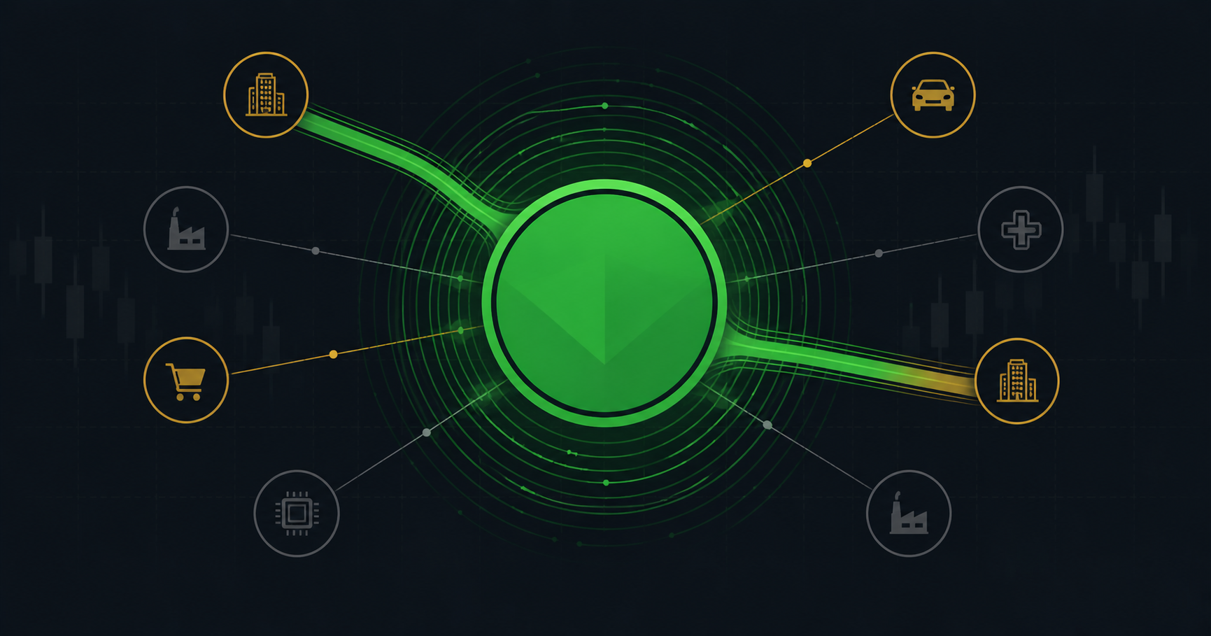 Minimalist flat illustration of a large central circle labeled SPY surrounded by smaller circles representing individual stocks, connected by flowing lines in WSY green on a dark background